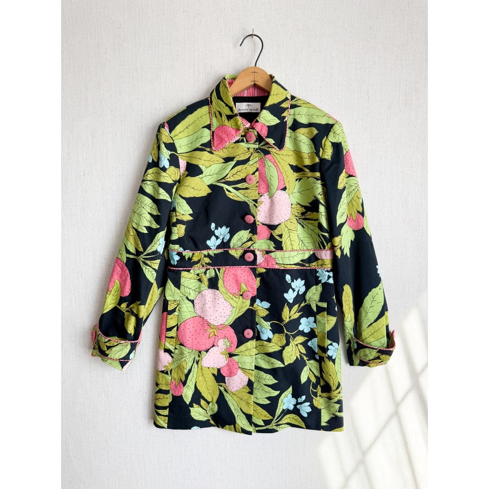 Andrea Becker Strawberry Floral Botanical Print Car Coat Jacket Pink Green Black